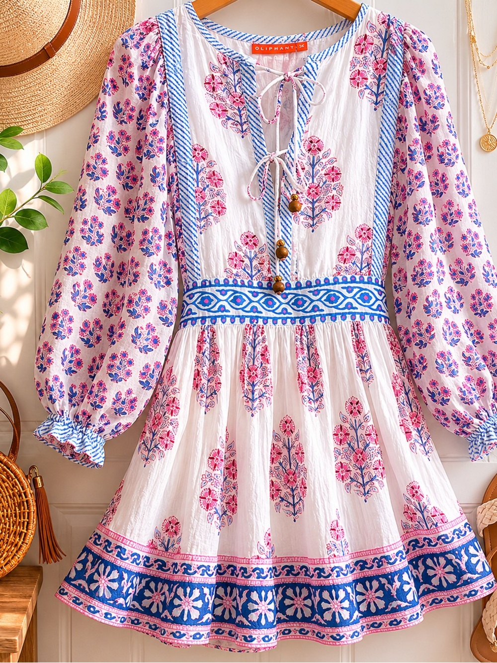 Oliphant XS Floral Block Print Cotton Mini Dress India Boho Puff Sleeve Zip Back